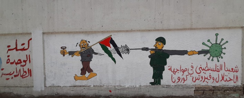 غزة.. جدارية بعنوان "فلسطين في مواجهة الاحتلال وجائحة كورونا" 