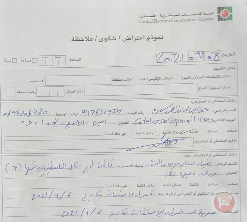 تقديم اعتراضين بحق قائمة تجمع الكل الفلسطيني​​​​​​​