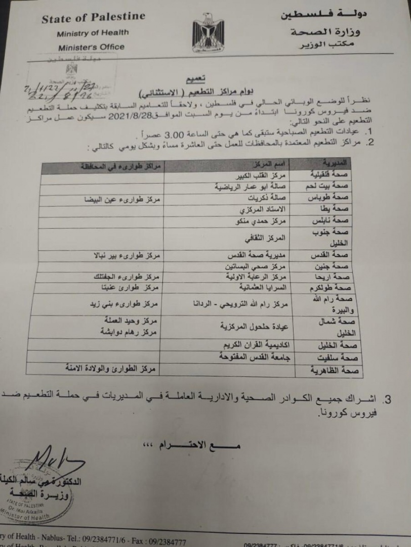 الصحة: فتح مراكز التطعيم المعتمدة يومياً حتى 10 ليلاً ابتداءً من السبت