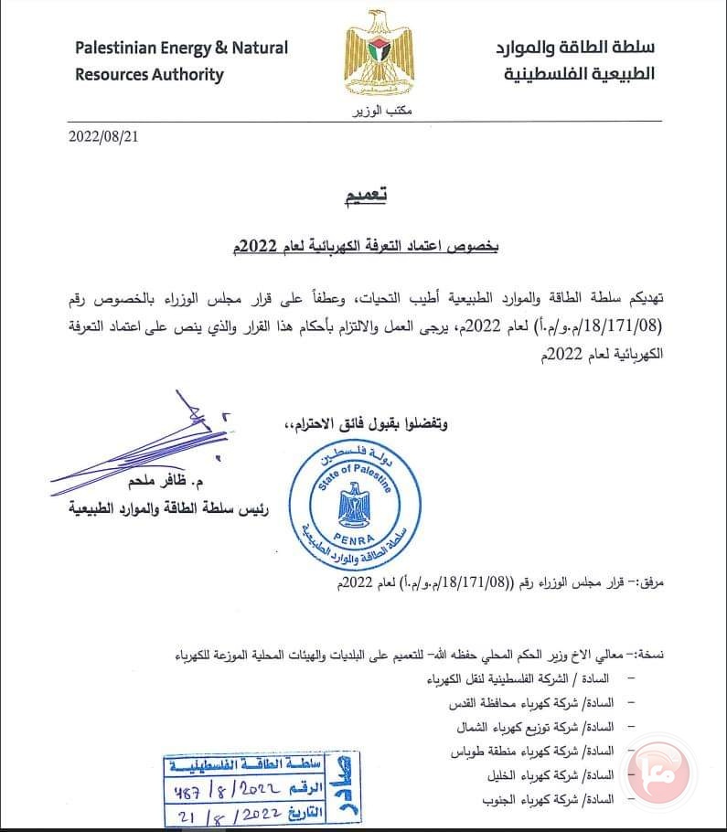 مجلس الوزراء يصادق على تعرفة الكهرباء لعام 2022