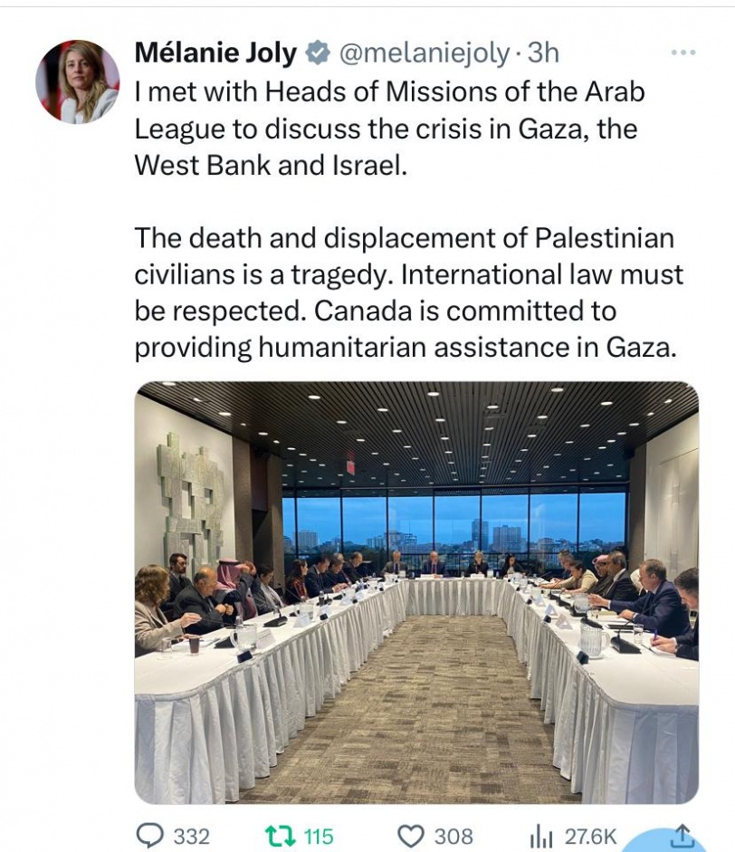 وزيرة الخارجية الكندية: موت وتهجير المدنيين الفلسطينيين مأساة