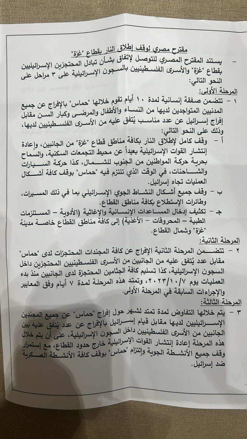 معا تنشر نص المبادرة المصرية لوقف إطلاق النار في غزة