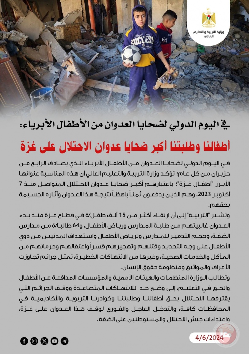 15 ألف طفل استشهدوا - التربية: أطفالنا وطلبتنا أكبر ضحايا الحرب 