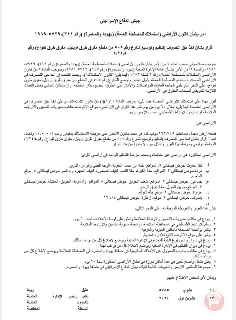 الاحتلال يقرر مصادرة 546 دونما شمال شرق سلفيت لتوسعة شارع 505 (وثائق)