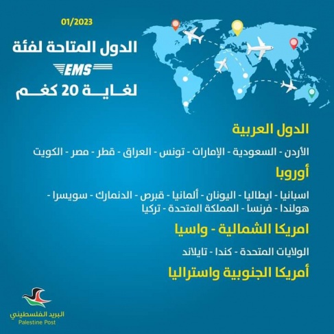 البريد الفلسطيني يفتتح خدمة البريد الدولي العاجل EMS الى 22 وجهة مباشرة