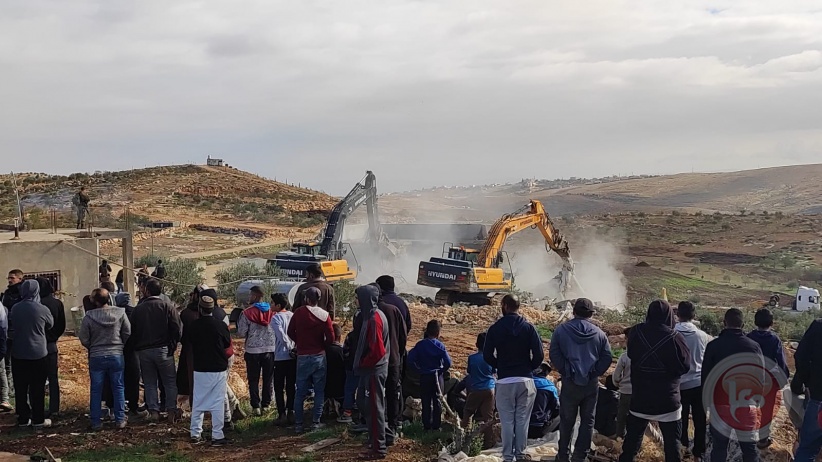 Hebron.. The occupation demolishes inhabited homes, a water well, and destroys agricultural lands