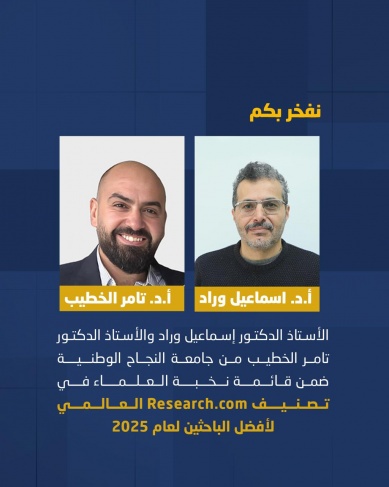 وراد والخطيب من جامعة النجاح ضمن قائمة نخبة العلماء في تصنيف Research.com العالمي لأفضل الباحثين لعام 2025